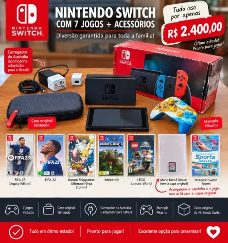 ? NINTENDO SWITCH 1 + 7 JOGOS + ACESSÓRIOS 