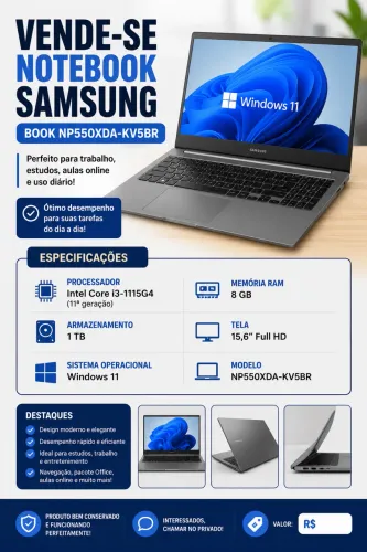 Notebook Samsung Core i3-1115G4 8GB 1TB Tela Full HD 15.6? Windows 11 Book NP550XDA-KV5BR