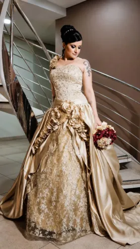 Vestido de NOIVA luxo, ajustável, bordado, cor champagne