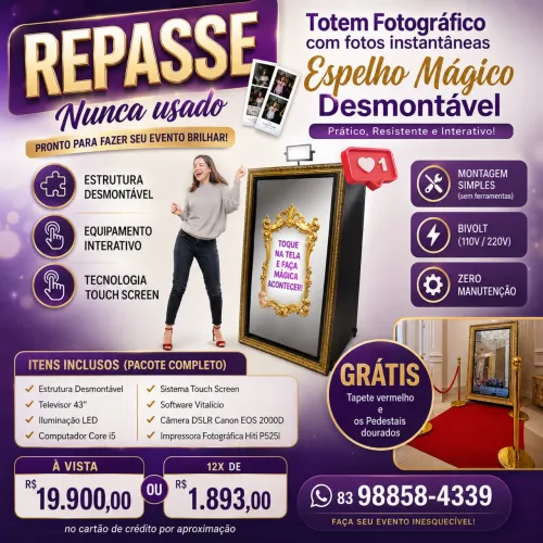 Repasse de um totem fotográfico de impressão instantânea novo nunca usado