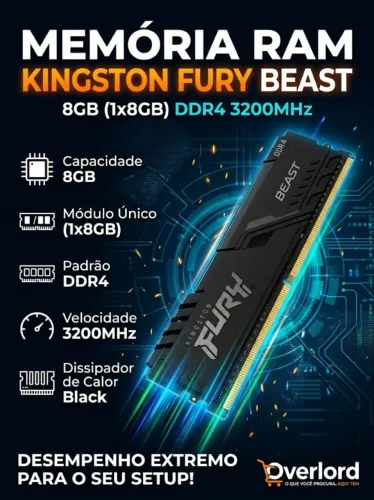 Memória RAM Kingston Fury Beast 8GB (1x8GB) DDR4 3200MHz
