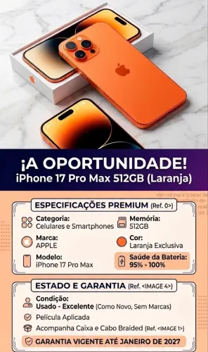 iPhone 17 Pro Max 512GB - Laranja Exclusiva (Impecável + Garantia)