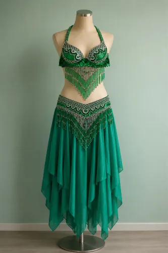 Conjunto completo de dança do ventre verde com pedrarias
