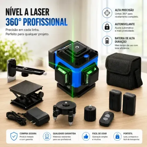 Nível A Laser Verde 12 Linhas Esquadro + Suporte + Tripé Recarregavel Profissional Prumo A