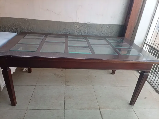Mesa antiga madeira maciça vidro bisotê estilo império
