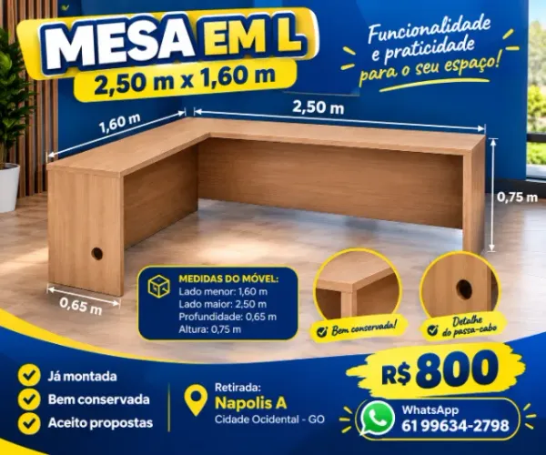 Mesa em L 2,50 x 1,60 m em ótimo estado