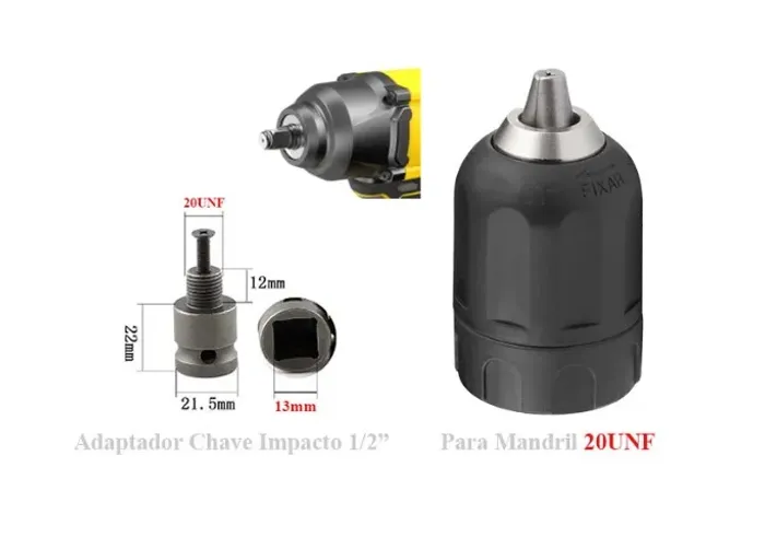 Mandril Aperto Rápido Rosca 20UNF, 13MM E Adaptador Para Mandril