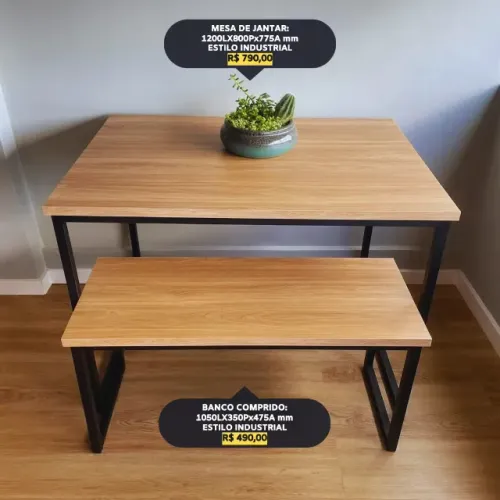 Conjunto: Mesa + Banco Estilo Industrial em Ferro e Madeira