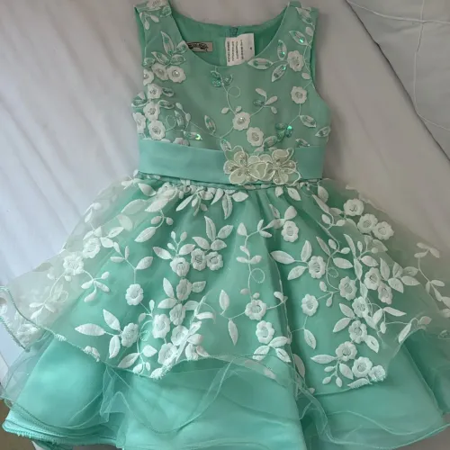 Vestido de Festa Infantil Bordado Floral - Verde Água