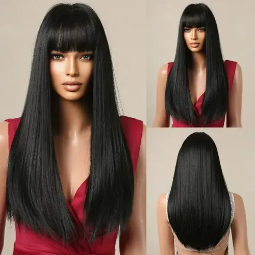 Cabelo preto Perucas retas longas resistente ao calor Fibra Organica