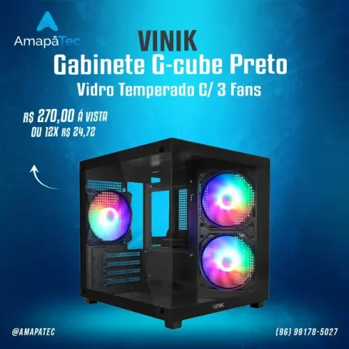 Gabinete Gamer Vinik G-cube Preto Vidro Temperado C/ 3 Fans