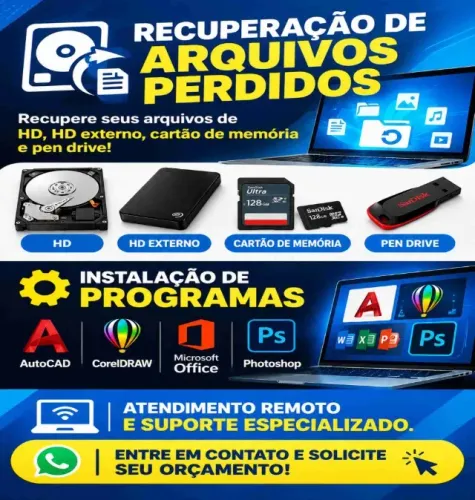 Recuperação de arquivos perdidos hd externo, ssd , Instalação de programas autocad, office