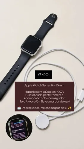 Apple Watch Series 8 GPS 45mm - Bateria 100% - Excelente Estado + Cabo Carregador