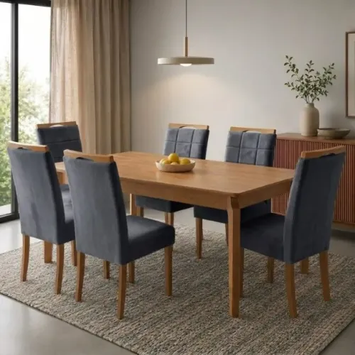 Novidade em estoque! Receba amanhã! Mesa Atos 180 (Tampo 26 mm)Laminada Mel com 6 Cadeiras