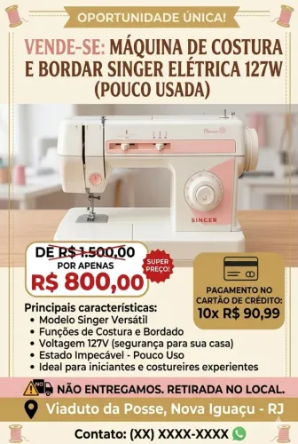 Máquina de costura e borda Singer elétrica usada 