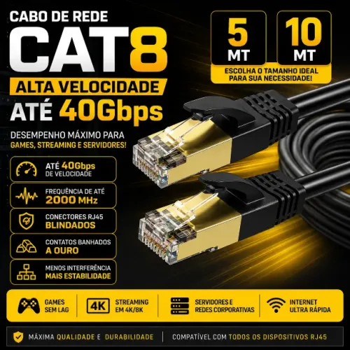 Cabo de Rede CAT8 10 Metros RJ45 Blindado 40Gbps Alta Velocidade