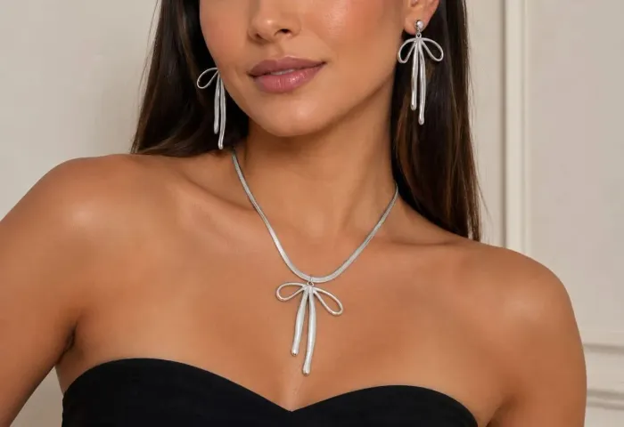 Conjunto de laço colar e brinco em aço inoxidável