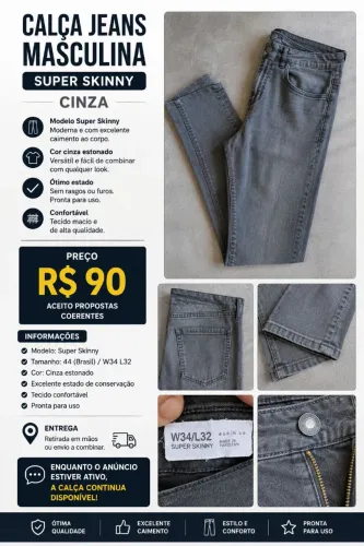 Calça Jeans Masculina Super Skinny Cinza - Tam. 44 (W34/L32)