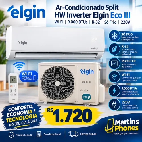 Ar-Condicionado Split HW Inverter Elgin Eco III Wi-Fi 9.000 BTUs R-32 Só Frio 220V