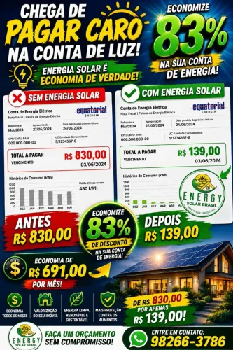 Energia Solar, REDUZ SUA CONTA DE LUZ EM ATÉ 90%.