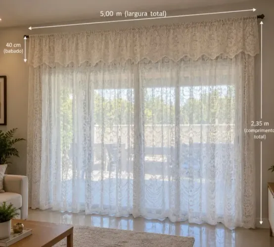 Cortina Grande de Renda 5m x 2,35m com Babado 40cm Sala