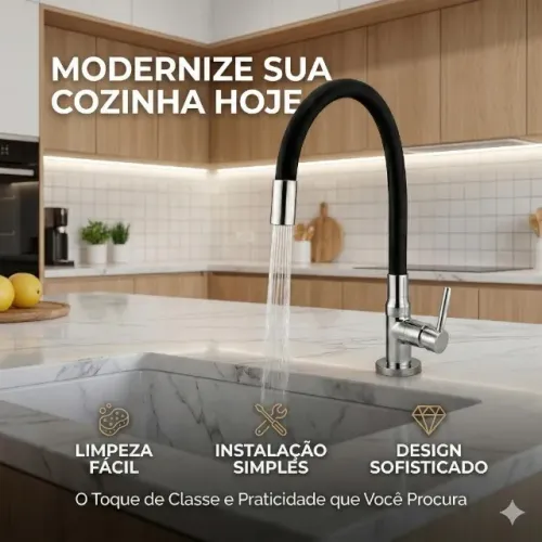 Torneira Para Cozinha Flexível Gourmet Preta Base Metálica Moderna