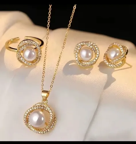 Conjunto elegante colar ,anel e brincos pérola
