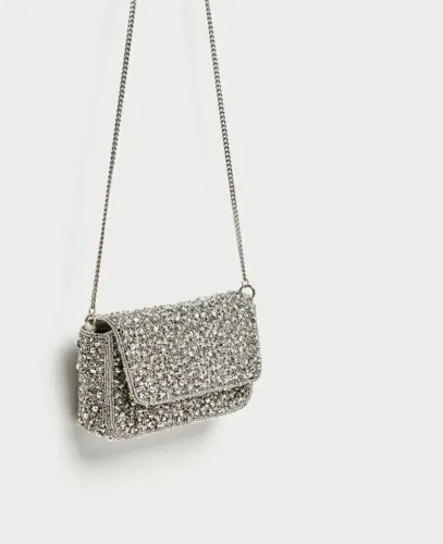 Bolsa clutch zara de miçangas prata