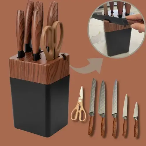 JOGO DE FACAS COM SUPORTE , AMOLADOR INTEGRADO E TESOURA KIT EM AÇO INOX