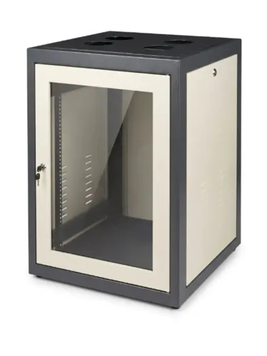RACK 24U 19" Cinza/Bege - Porta Acrílico Escuro + Bandeja + 2 Coolers