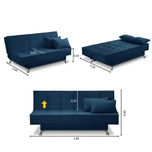 Sofá Cama 3 Lugares 1,80m Diana Suede Azul Adonai Estofados