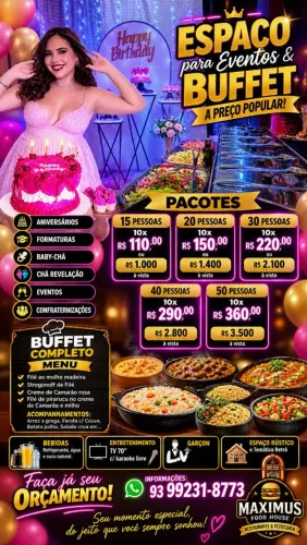 Espaço c/eventos + Buffet a preço popular