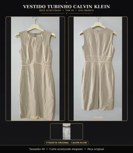 Vestido Tubinho Calvin Klein Bege Acinturado - Tam 38