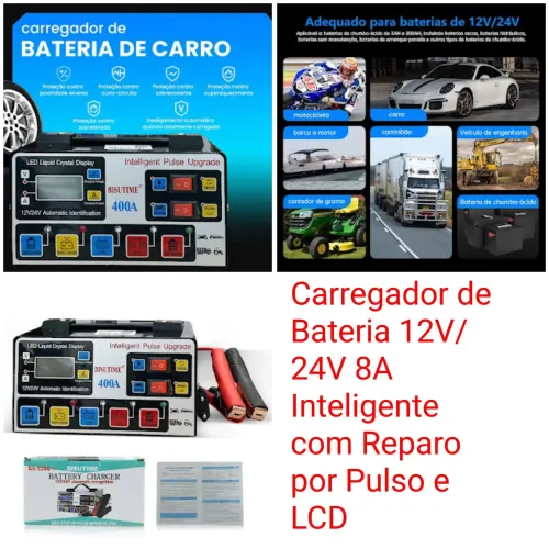 Carregador de Bateria 12V/24V 8A Inteligente com Reparo por Pulso e LCD