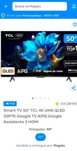 Smart TV 50" TCL 4K UHD QLED 50P7K Google TV AiPQ Google Assistente 3 HDMI