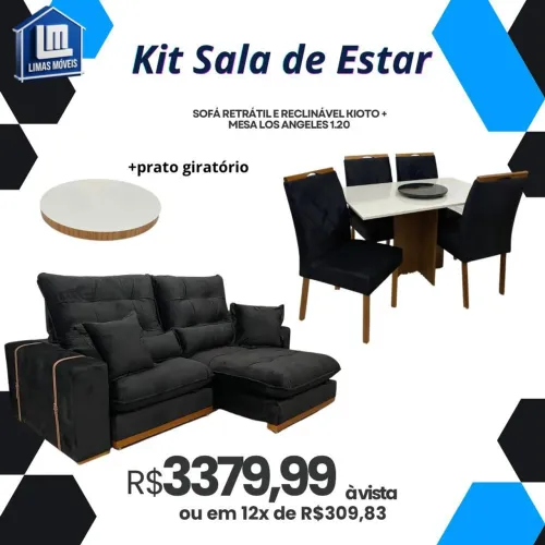 KIT SALA SOFÁ RETRÁTIL RECLINAVEL KIOTO 2,30 MOLAS ENSACADA + MESA LOS ANGELES 1.20×80