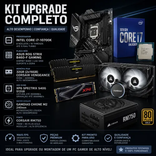 Processador i7 10700k 32gb ram + placa mãe Asus rog strix b460F gaming + fonte + ssd nvme