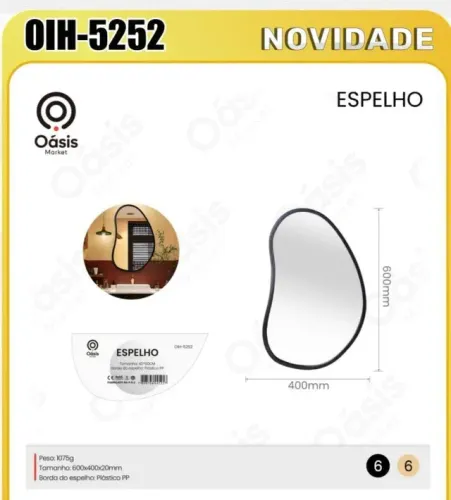 espelho com tamanho 600x400x20mm com borda de plastico