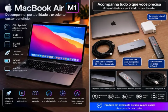 MacBook Air M1 8GB / 512GB SSD + Acessórios e Brinde