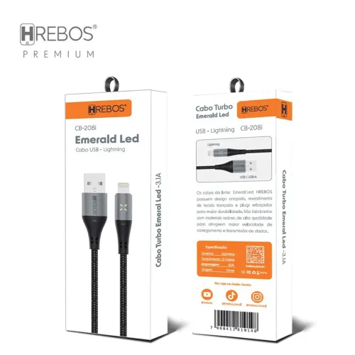 Cabo USB Lightning Emerald Led 3.1A HREBOS CB-208i
