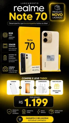 Celular Realme Note 70 / 8gb / 256gb + Capinha + Película + Carregador Novo Lacrado / Some