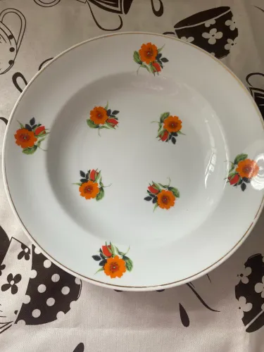 Pratos Fundos Antigos Porcelana Schmidt - Floral Laranja - 6 Unidades