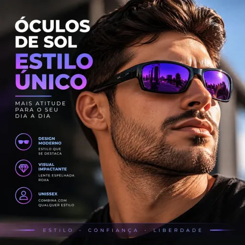 Óculos de Sol Esportivo Preto Lente Roxa Espelhada Design Moderno