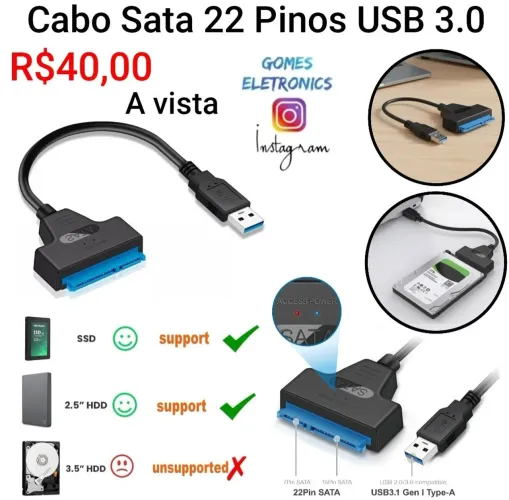 Cabo adaptador SATA para USB 3.0 compatível com Ssd ou HD 2,5 Mm (Loja Fisica)