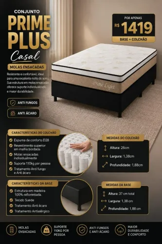 Conjunto Base com Colchão Casal de Molas Ensacadas Prime Light
