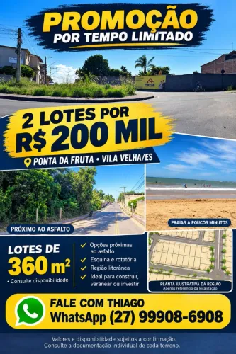 Lotes praia perto, PROMOÇÃO RELÂMPAGO PONTA DA FRUTA: 2 LOTES DE 360 m² POR R$ 200 MIL!<br>