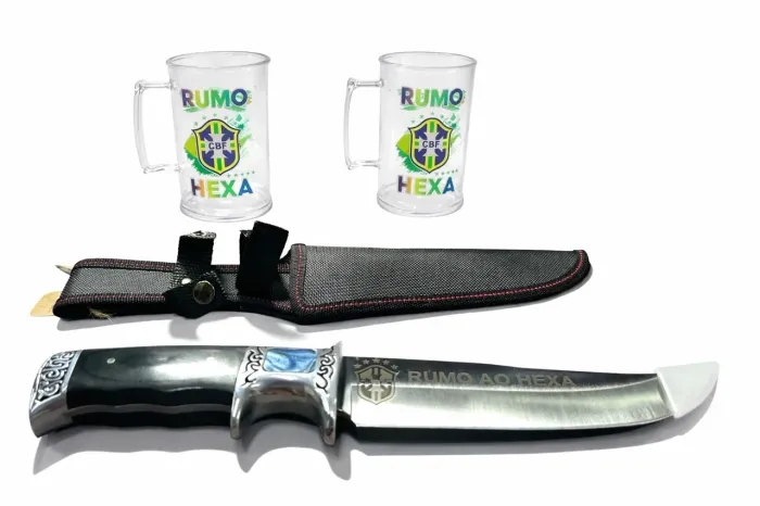Faca Personalizada Edição Copa + 2 Canecas Acrílico 300ml | Presente Churrasco Hexa Brasil