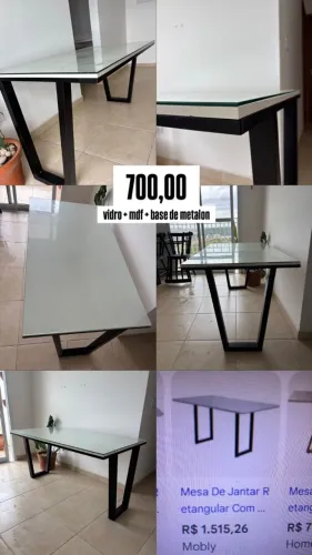 Mesa Retangular De Jantar Estilo Industrial C/ Vidro