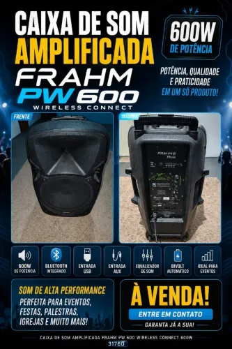 Caixa De Som Amplificada Frahm PW 600 Wireless 600W 31760 Preta<br>Bluetooth <br>Controle