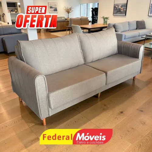 Sofá Fixo em Promoção 2,20m Pés Madeira Linho Marrom - Temos Catálogo